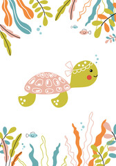 Cute baby sea turtle swimming underwater. Summer floral vector illustration drawn in doodle style