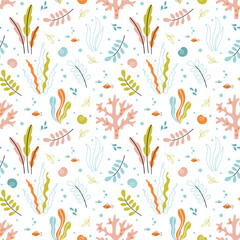 Summer marine seamless pattern with fishes, seaweeds, corals and seashells. Isolated on a white background ocean animals background hand-drawn in a cartoon style for children's textiles, wallpapers