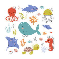 Sea animals stickers collection. Cute vector illustration in doodle style. Isolated on white background kawaii marine creatures - octopus whale sea turtle seahorse shark stingray and jellyfish