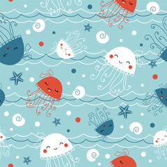Cute summer print with baby jellyfish swimming underwater. Seamless vector pattern - funny sea animals, seashells, plants drawn in doodle style for kids clothing, wrapping paper