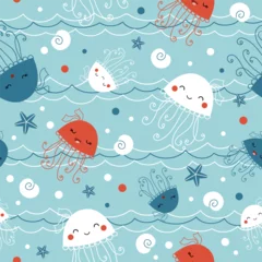 Afwasbaar Fotobehang In de zee Cute summer print with baby jellyfish swimming underwater. Seamless vector pattern - funny sea animals, seashells, plants drawn in doodle style for kids clothing, wrapping paper