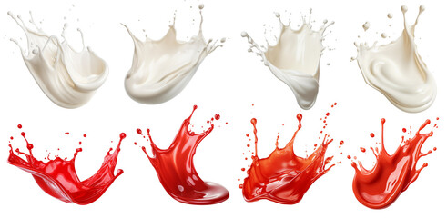 Set of red and white drops and splashes of ketchup or sauce isolated on white background. With clipping path. Full depth of field. Focus stacking. PNG. Generative AI
