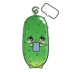 Cucumber with a smartphone in hand. Vector hand drawn cartoon kawaii character illustration icon. Isolated on white background. Cucumber character concept