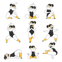 Cute girls in yoga poses vector cartoon characters set isolated on a white background.