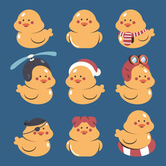 Cute bathroom yellow duck vector cartoon characters set isolated on background.