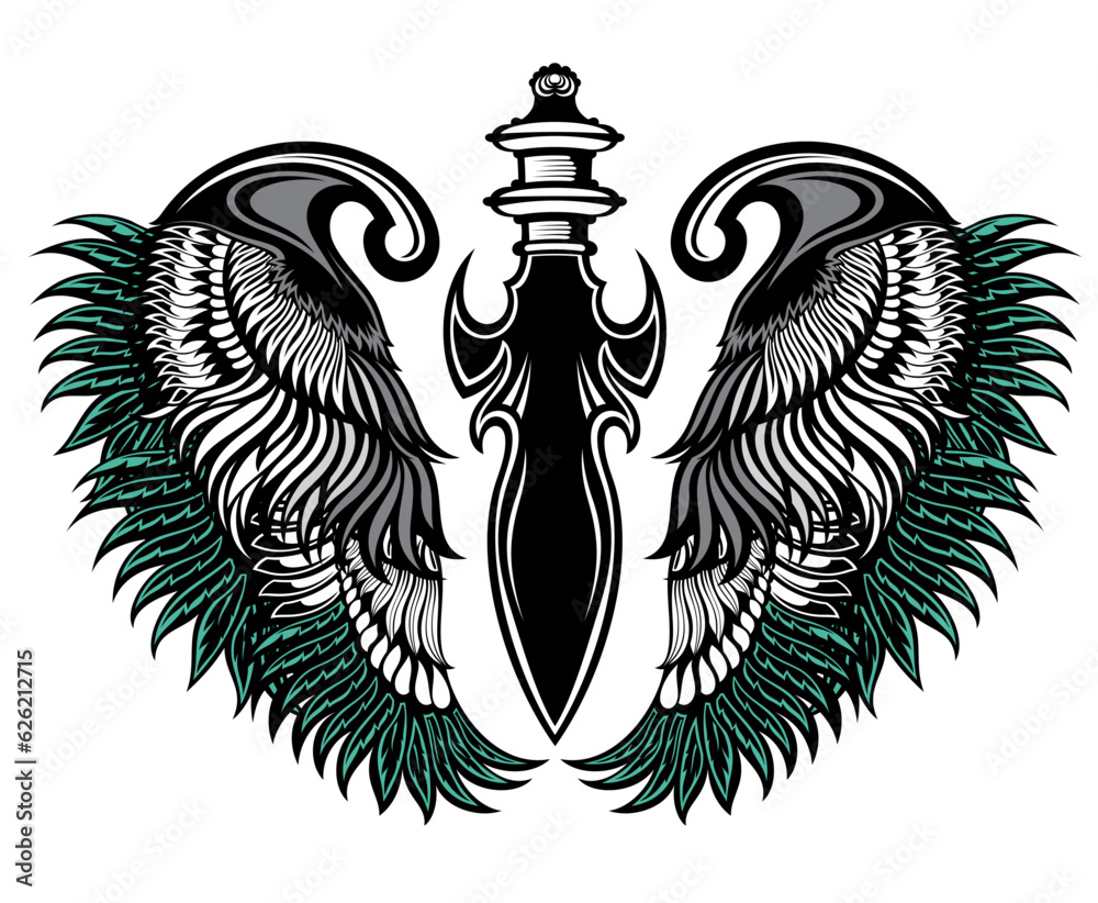 Sticker Illustration vector graphic of tribal art design sword wings for tattoo