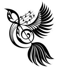 Black and white bird logo and musical notes
