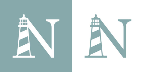 Logo Nautical. Icono de torre marítima en puerto. Letra inicial N con faro de luz - obrazy, fototapety, plakaty