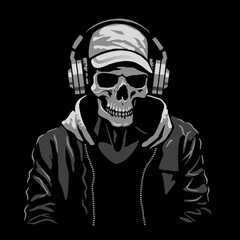 Skeleton in headphones and jacket on a dark background. Vector illustration.
