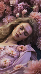 Woman sleeping in roses flowers in pink dress, fashion and beauty background. Blond young woman closeup portrait in roses garden by AI generative