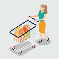 Woman pushing shopping cart with full of shopping bags and gift boxes, isometric illustration