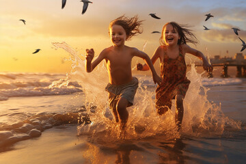 Happy kids running, playing and splashing on the beautiful beach in sunset. Generative AI