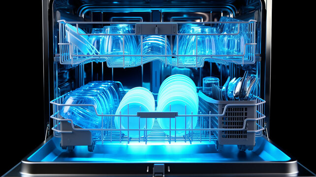 clean dishes in an open dishwasher with blue backlight. Generative AI