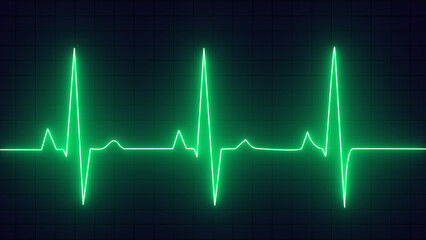 Green color EKG heart line monitor. Emergency EKG monitoring. pulse line. ECG heartbeat monitor, cardiogram heart pulse line wave. Electrocardiogram Medical Background.