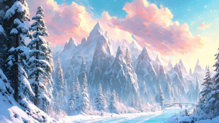 A beautiful winter landscape, mountain peaks and trees covered with snow, stylized as an oil painting. Generative Ai.