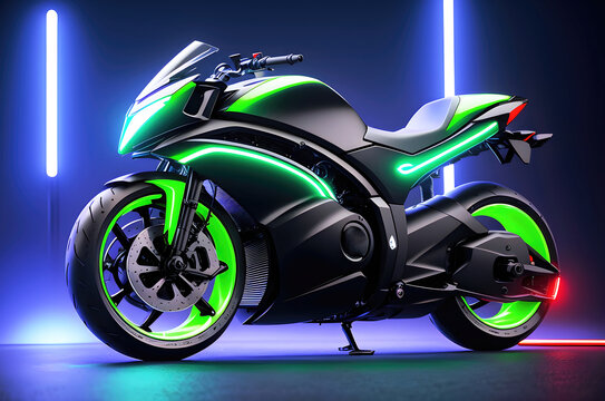 Motorcycle futuristic design, fantastic motorbike modern project with glowing neon lights.