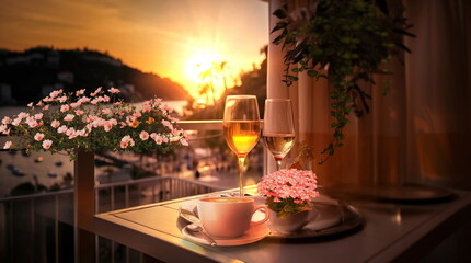 Fototapeta na wymiar sunset on Portofino ,cup of coffee on Terrace ,view on old town and sea and mountains