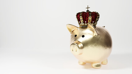 Golden Piggy Bank on Plain Background with Crown
