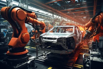 Fotobehang Robotic assembly line in an automotive factory © Panaphat