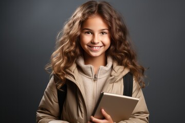 Photo schoolgirl girl child student  on gray background for back to school banner.