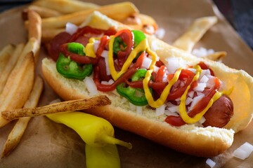 Savory Delight: Close-Up of a Delicious Hot Dog Served on a Wooden Platter, Satisfying Your Appetite in 4K Resolution