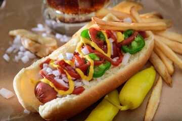 Savory Delight: Close-Up of a Delicious Hot Dog Served on a Wooden Platter, Satisfying Your Appetite in 4K Resolution