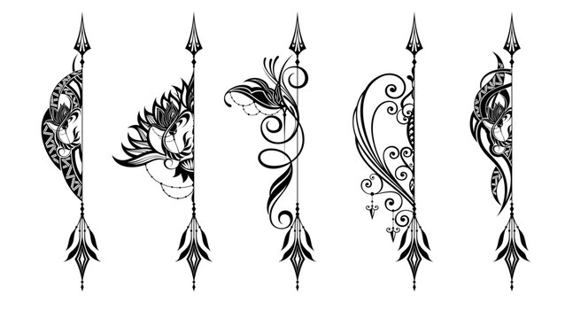 Ethnic arrow with lotus flower and feathers in elegant style.Set of arrow