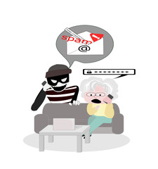 Older received a scam email from a scammer to steal the password.flat illustration elder siting on sofa use mobile. Voice Phishing.fake call center. Swindler and a thief character.Online crime concept