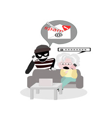 Older received a scam email from a scammer to steal the password.flat illustration elder siting on sofa use mobile. Voice Phishing.fake call center. Swindler and a thief character.Online crime concept