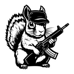 Squirrel soldier hunter logo with rifle and hat black silhouette svg vector - obrazy, fototapety, plakaty