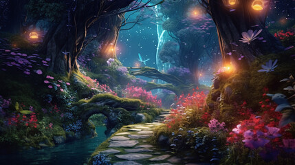 Fototapeta na wymiar Fantasy fairy tale forest with fireflies in trees, cartoon background with flowers in magic night light or fairy garden by AI generative