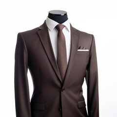 A stylish brown suit with a crisp white shirt and matching tie