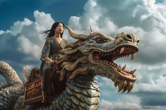 Asian girl riding an Asian dragon. Dragon in Chinese style. Chinese style. Dragon rider. AI generated