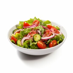 A delicious and healthy salad in a white bowl on a table