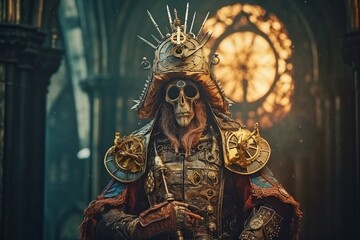 Fototapeta premium The skeleton of the captain of the pirate cursed with gold in the cabin. Middle Ages. AI generated