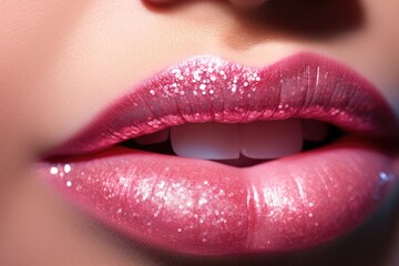 Obraz premium Close up of a girls lips with lipstick and glitter. Generative AI