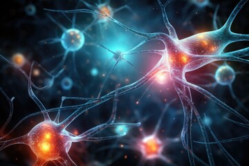 Close up view of neuron cells transmitting a signal. Generative AI - obrazy, fototapety, plakaty