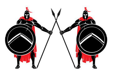Spartans Stand on Guard, Medieval Soldiers Spears and Shields Illustration