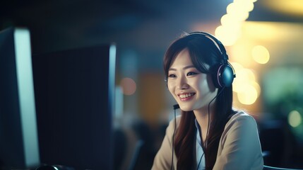 call center women smiled working and providing service with courtesy and attention front of laptop with lens flare and bokeh in office with soft dark tone, Generative AI