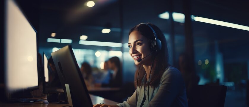 call center women smiled working and providing service with courtesy and attention front of laptop with lens flare and bokeh in office with soft dark tone, Generative AI
