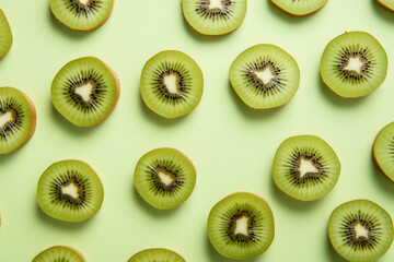 Top view of kiwi fruit slices on green background.