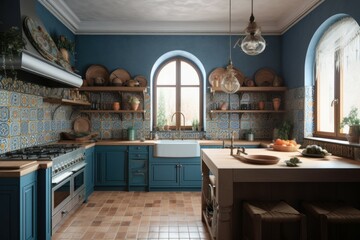 Greece blue kitchen interior. Generate Ai