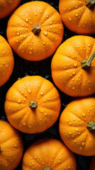 Fresh orange pumpkins with water drops on black background, top view. created with generative AI technology - obrazy, fototapety, plakaty