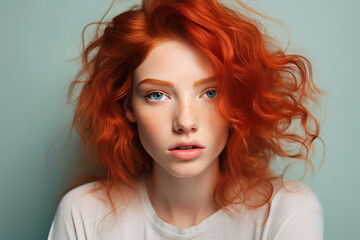 Face of beautiful woman with red hair and freckles
