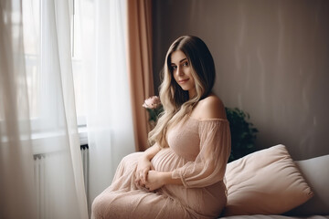 Beautiful blonde pregnant woman hugging her tummy at home, generative AI