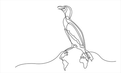 Fototapeta premium Continuous line bird drawing sitting on earth .white background for decorative element.Doodle vector illustration Line art, outline. 