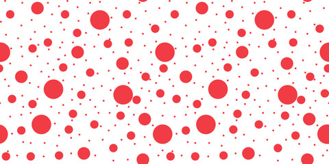 Trendy modern Avant-garde background. Simple seamless pattern with red Circles on white Backdrop. Wallpaper and bed linen print with naive round. Vector illustration.