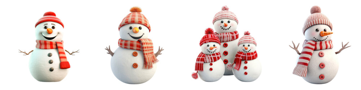 Set of snowman , Christmas and New Year decoration ,, isolated transparent background, PNG ,Generative ai