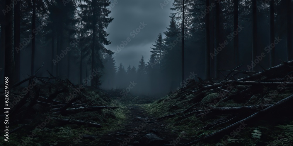 Wall mural ai generated. ai generative. mist magic fog night dark forest tree jungle landscape background. scar