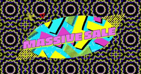 Animation of massive sale text over retro vibrant pattern background - Powered by Adobe